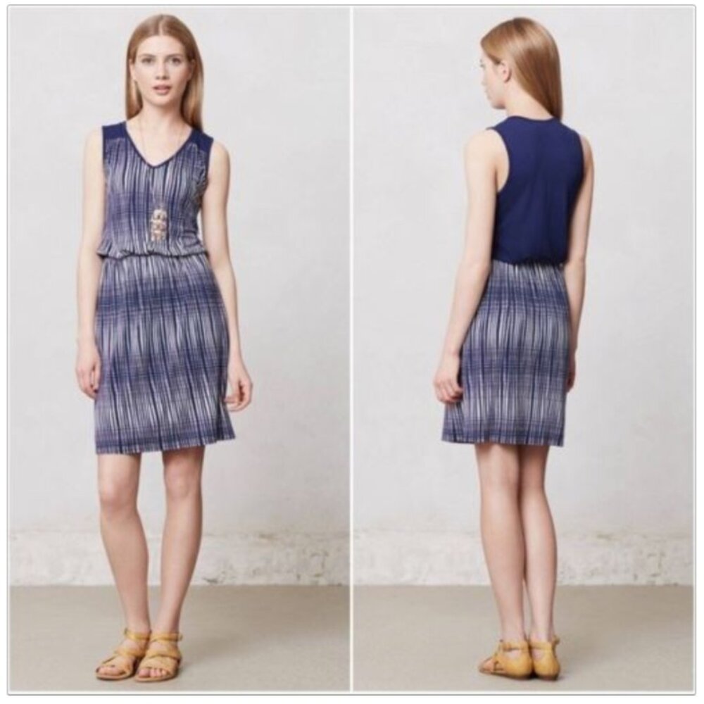 Anthropologie Deletta Janie Striped Dress Navy Blue V-neck Sleeveless Jersey S